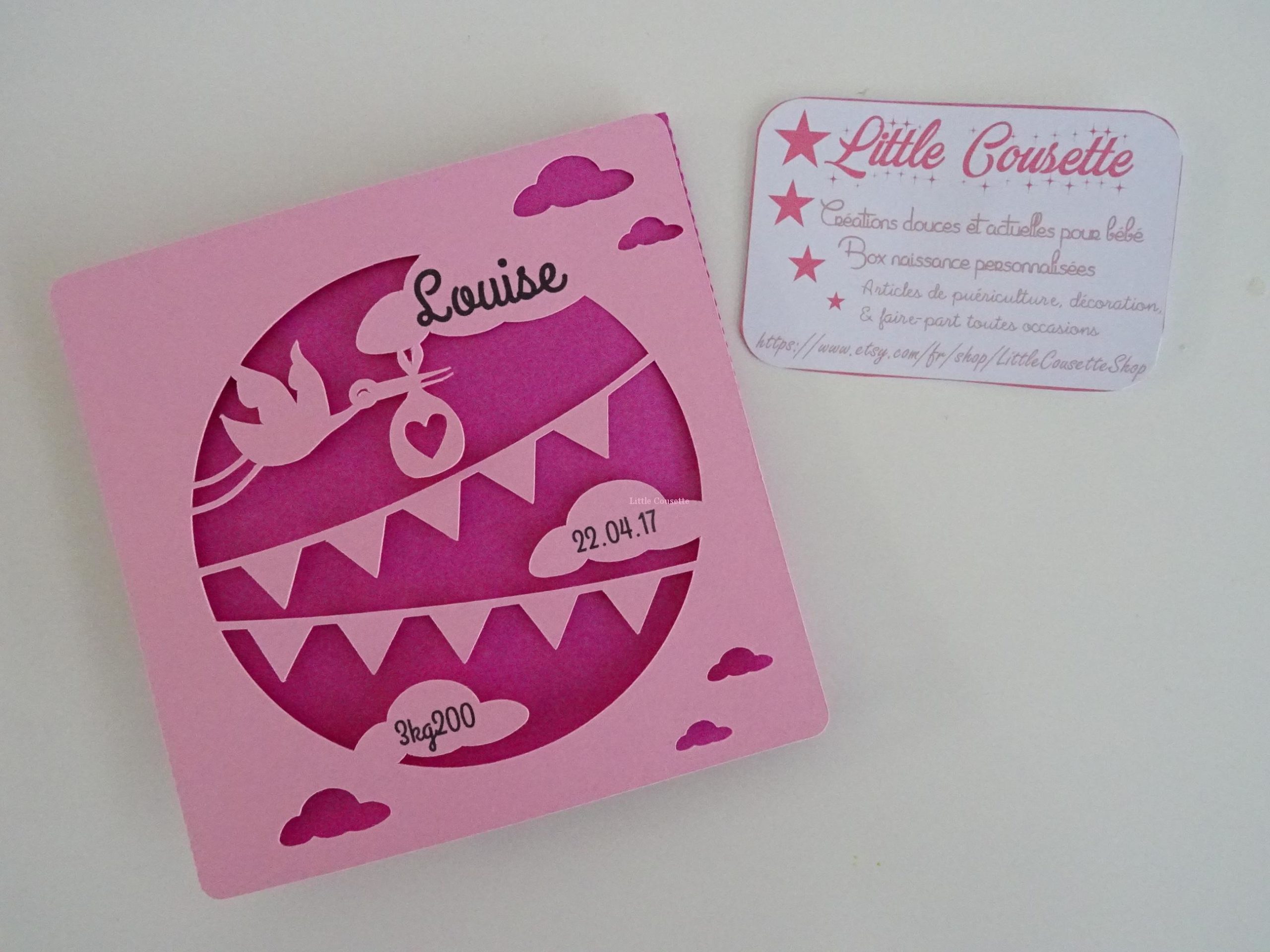 Faire-part naissance baptême 3 volets thème cigognes et nuages