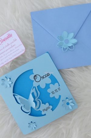 Faire-part naissance baptême 3 volets thème papillons et fleurs