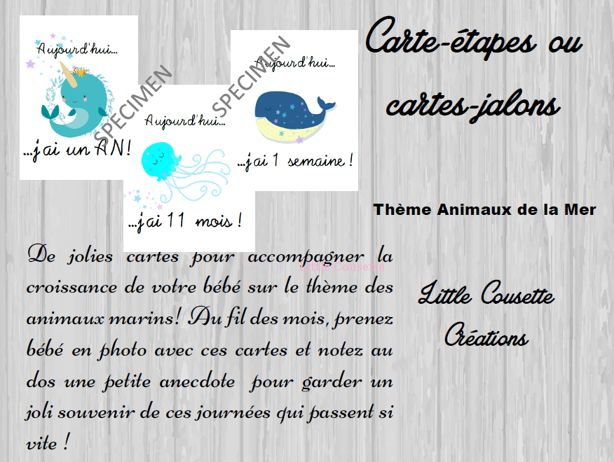 Lot de 24 cartes-étape ou cartes-jalon thème MER personnalisables avec prénom pour suivre la croissance de bébé – Image 7