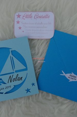 Faire-part naissance baptême 3 volets thème mer et bateau
