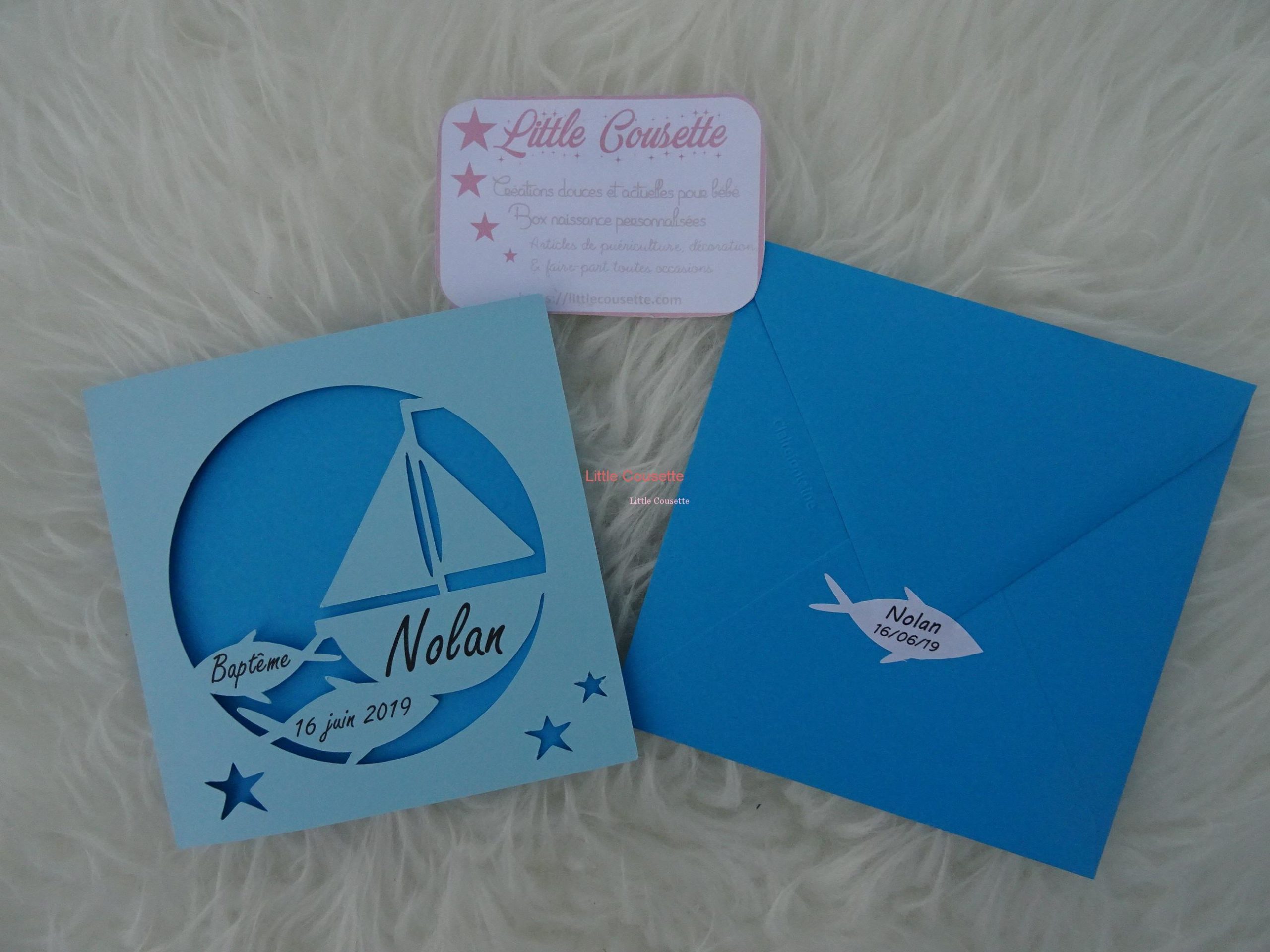 Faire-part naissance baptême 3 volets thème mer et bateau