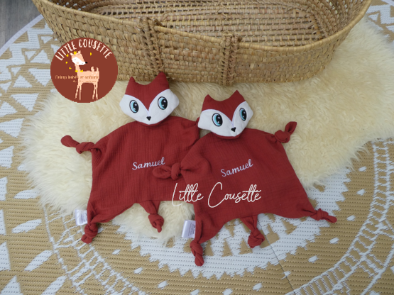 Lot de 2 Doudous renard tout doux brodé personnalisable prénom et couleurs